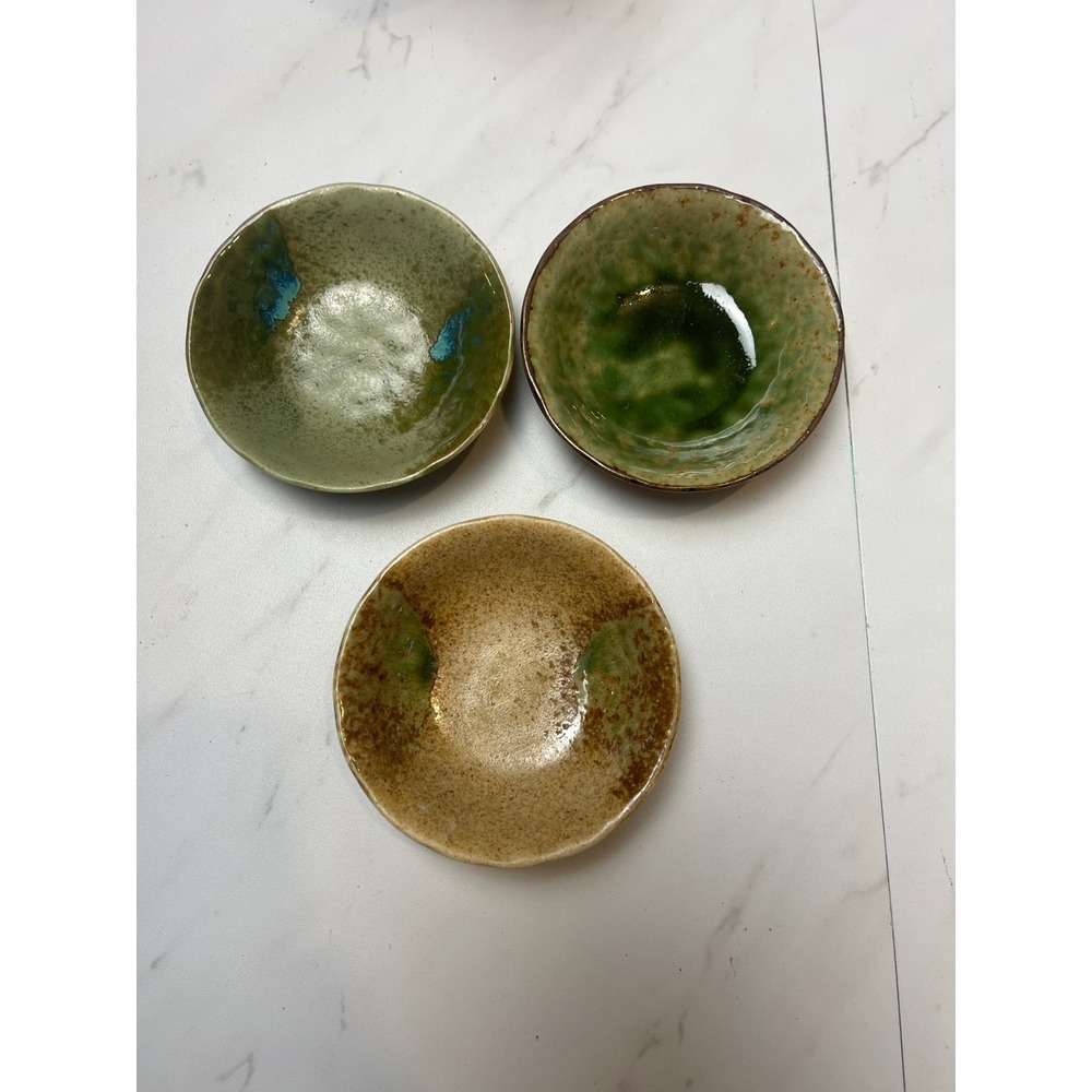 Handmade Ceramic Dipping Bowls Set of 3 Green Brown Reactive Glaze Small 4 inch